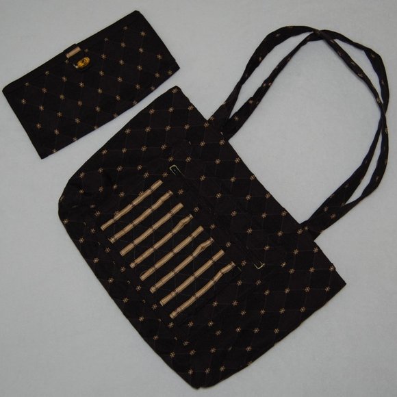 MaykozCO Handbags - NEW Handmade Bag with Wallet, Size M, Navy Black with Tan Flower Pattern